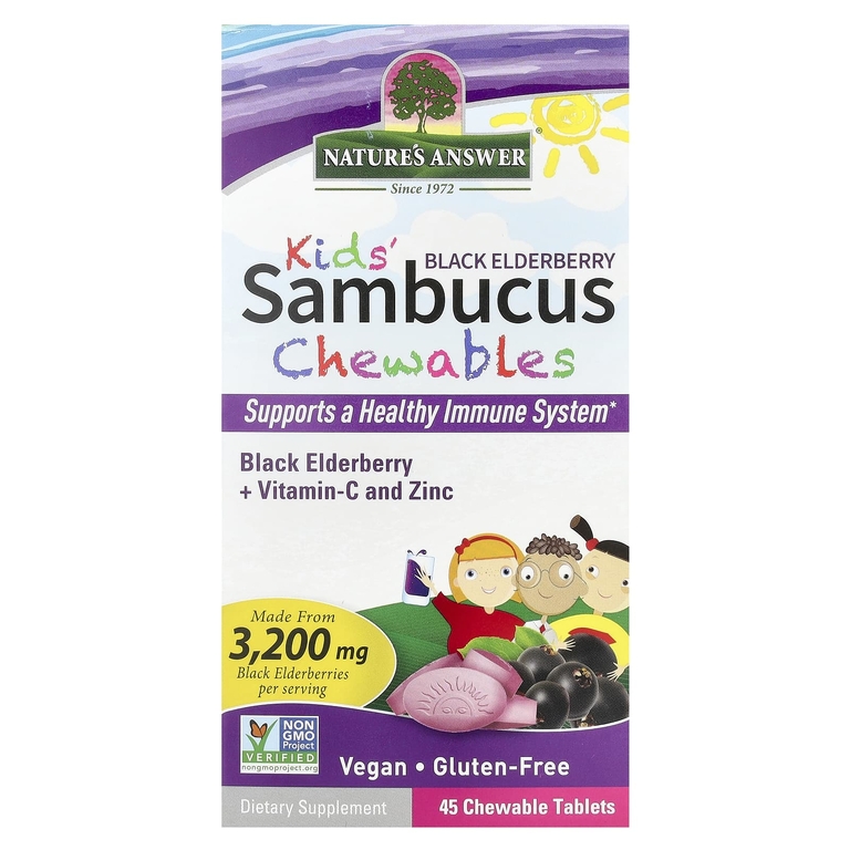 Nature's Answer, Kid's Sambucus Chewables, черная бузина с витамином C и цинком, 45 жевательных таблеток